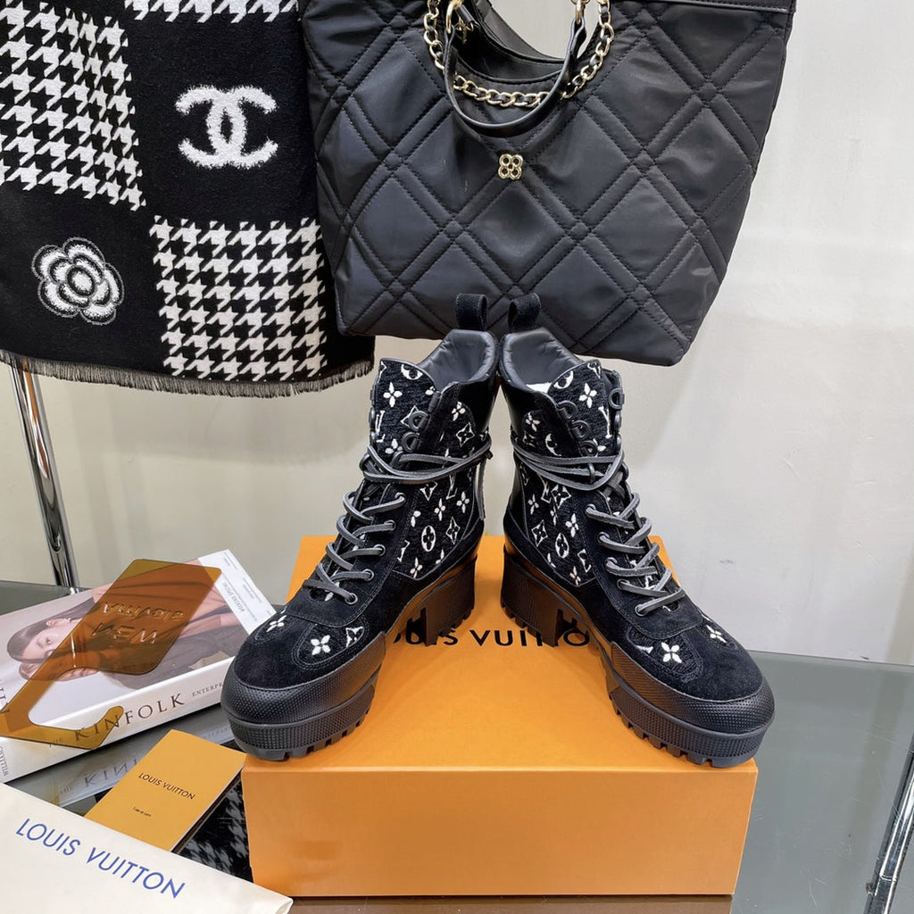LOUIS VUITTON LAUREATE PLATFORM BOOTS IN BLACK MIX WHITE SUEDE AND MONOGRAM JACQUARD PATTERN