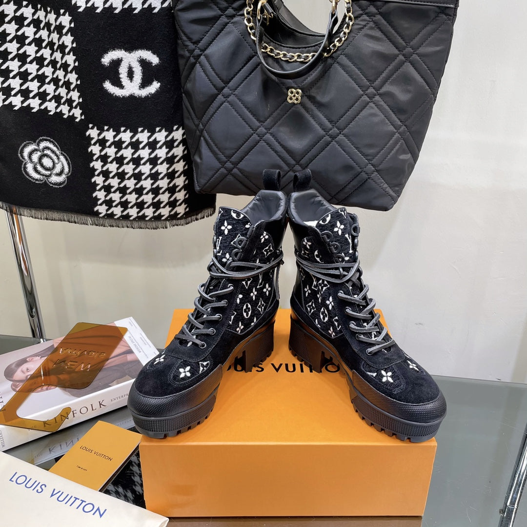 LOUIS VUITTON LAUREATE PLATFORM BOOTS IN BLACK MIX WHITE SUEDE AND MONOGRAM JACQUARD PATTERN