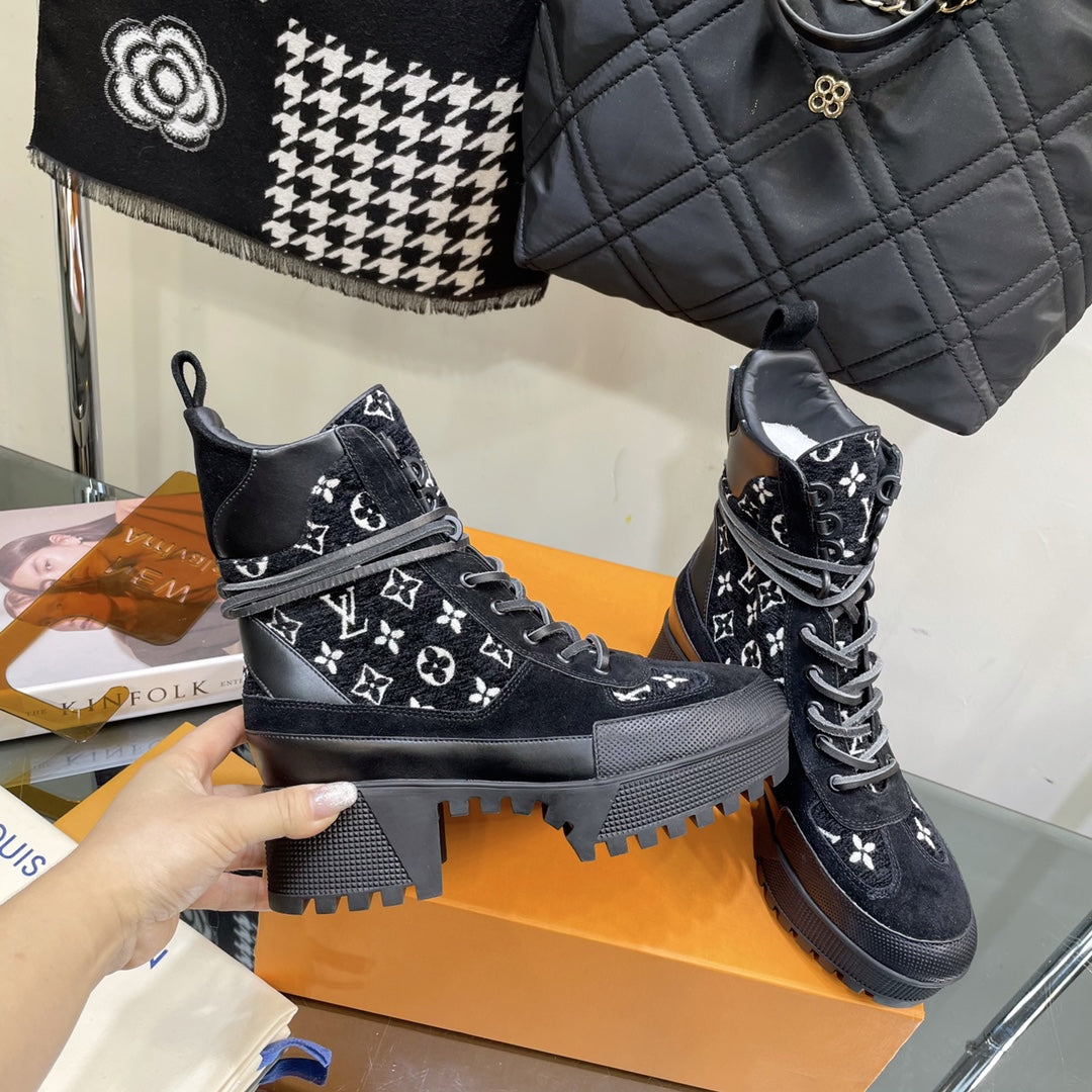 LOUIS VUITTON LAUREATE PLATFORM BOOTS IN BLACK MIX WHITE SUEDE AND MONOGRAM JACQUARD PATTERN