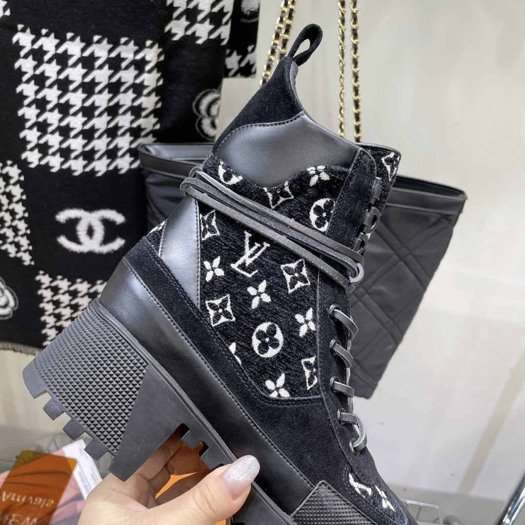 LOUIS VUITTON LAUREATE PLATFORM BOOTS IN BLACK MIX WHITE SUEDE AND MONOGRAM JACQUARD PATTERN