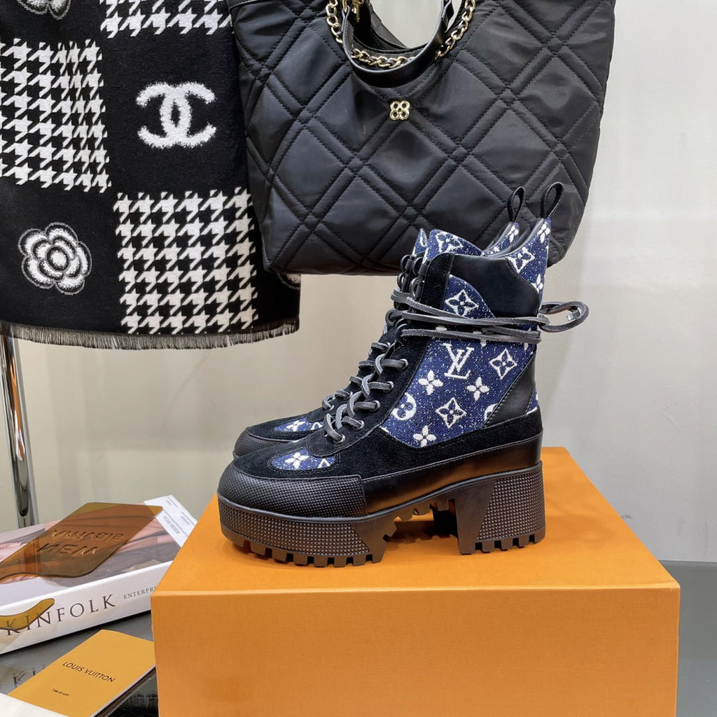 LOUIS VUITTON LAUREATE PLATFORM BOOTS IN BLACK SUEDE AND NAVY BLUE MONOGRAM JACQUARD PATTERN