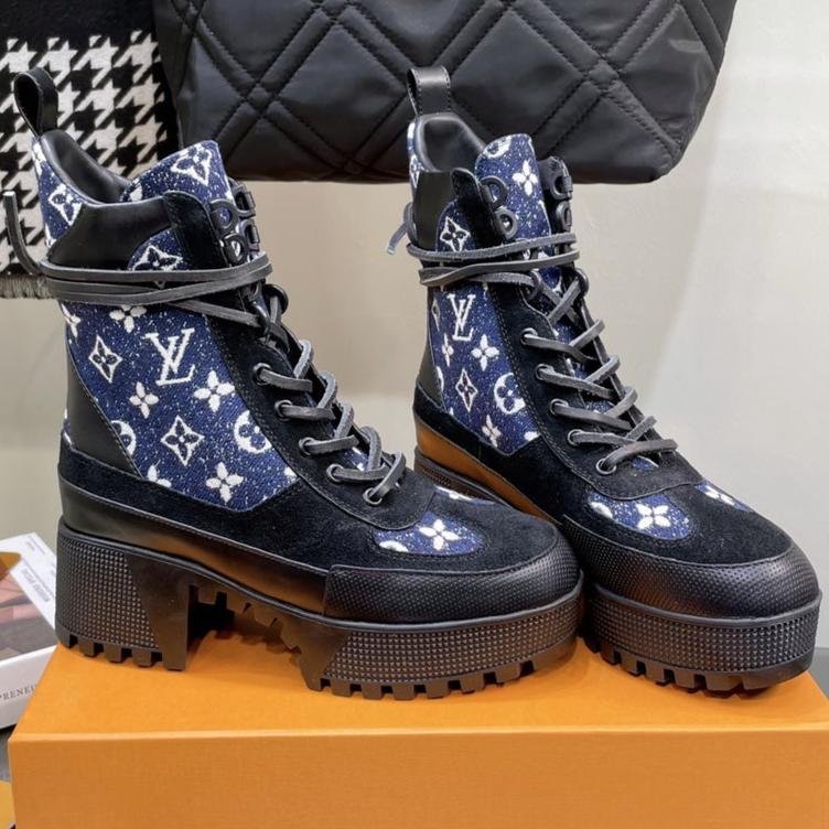 LOUIS VUITTON LAUREATE PLATFORM BOOTS IN BLACK SUEDE AND NAVY BLUE MONOGRAM JACQUARD PATTERN
