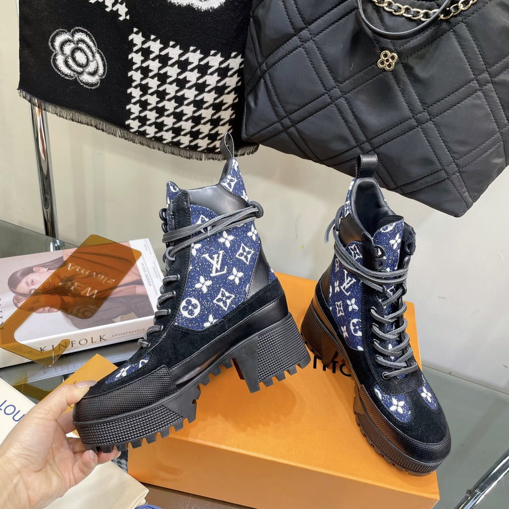 LOUIS VUITTON LAUREATE PLATFORM BOOTS IN BLACK SUEDE AND NAVY BLUE MONOGRAM JACQUARD PATTERN