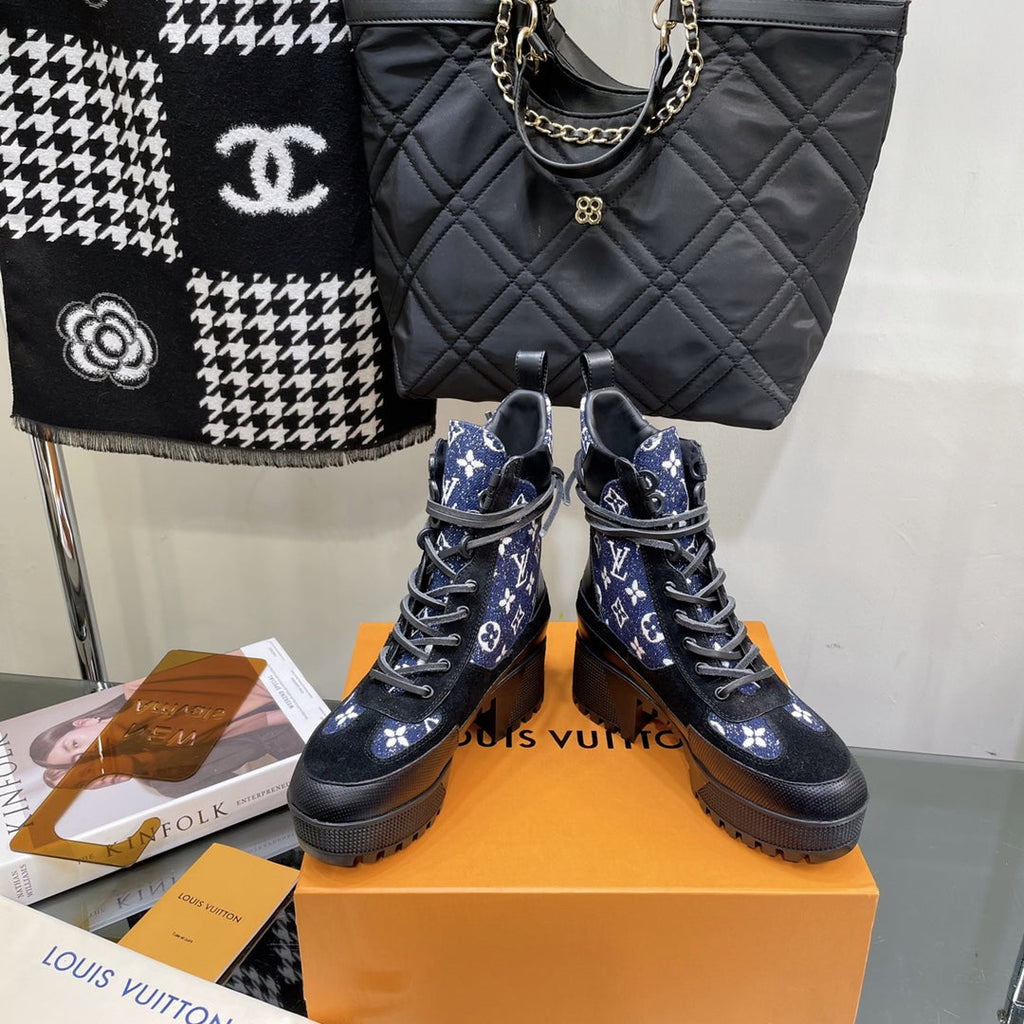 LOUIS VUITTON LAUREATE PLATFORM BOOTS IN BLACK SUEDE AND NAVY BLUE MONOGRAM JACQUARD PATTERN