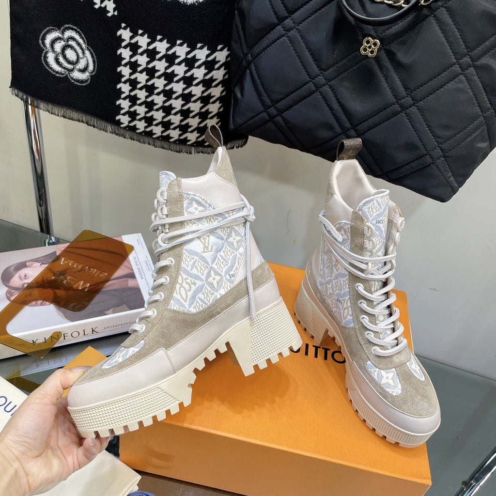 LOUIS VUITTON LAUREATE PLATFORM BOOTS IN OAT TAN SUEDE AND MONOGRAM JACQUARD PATTERN