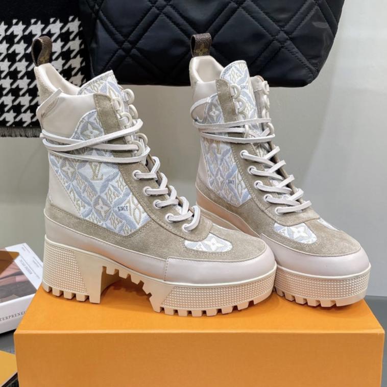 LOUIS VUITTON LAUREATE PLATFORM BOOTS IN OAT TAN SUEDE AND MONOGRAM JACQUARD PATTERN