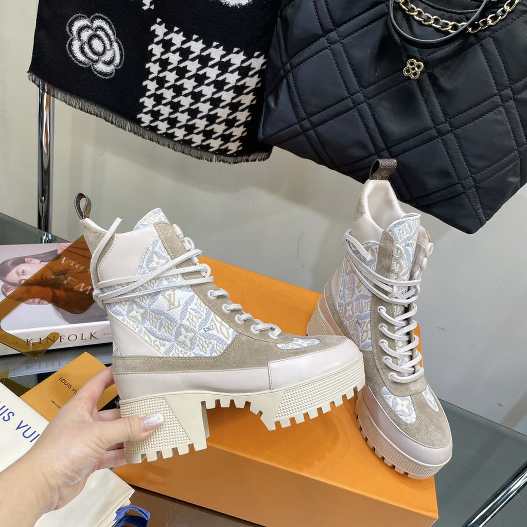 LOUIS VUITTON LAUREATE PLATFORM BOOTS IN OAT TAN SUEDE AND MONOGRAM JACQUARD PATTERN
