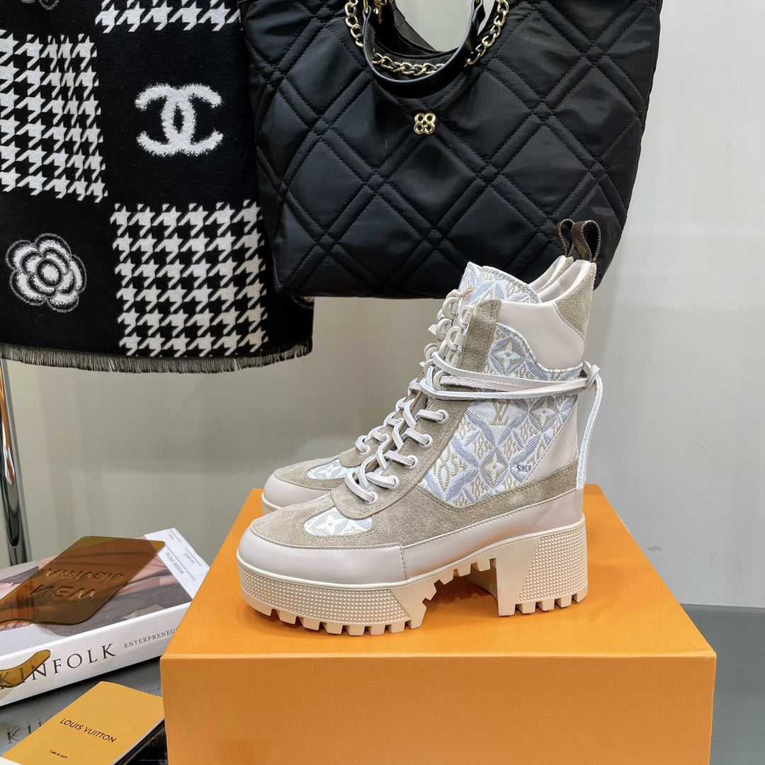 LOUIS VUITTON LAUREATE PLATFORM BOOTS IN OAT TAN SUEDE AND MONOGRAM JACQUARD PATTERN