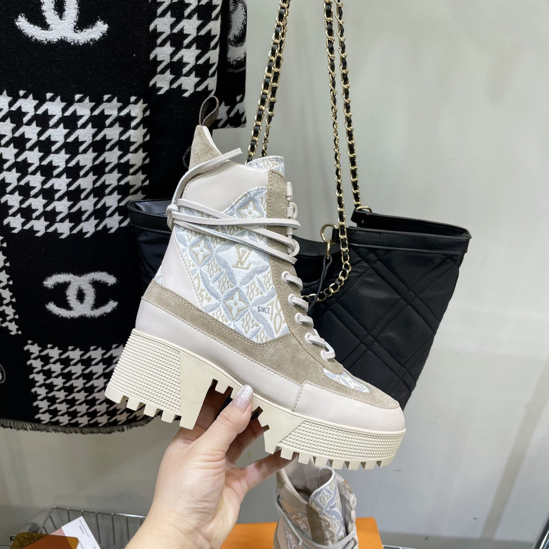 LOUIS VUITTON LAUREATE PLATFORM BOOTS IN OAT TAN SUEDE AND MONOGRAM JACQUARD PATTERN