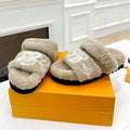 LOUIS VUITTON DAD SANDAL MULE IN WHEAT TAN MIX WHITE FLEECE