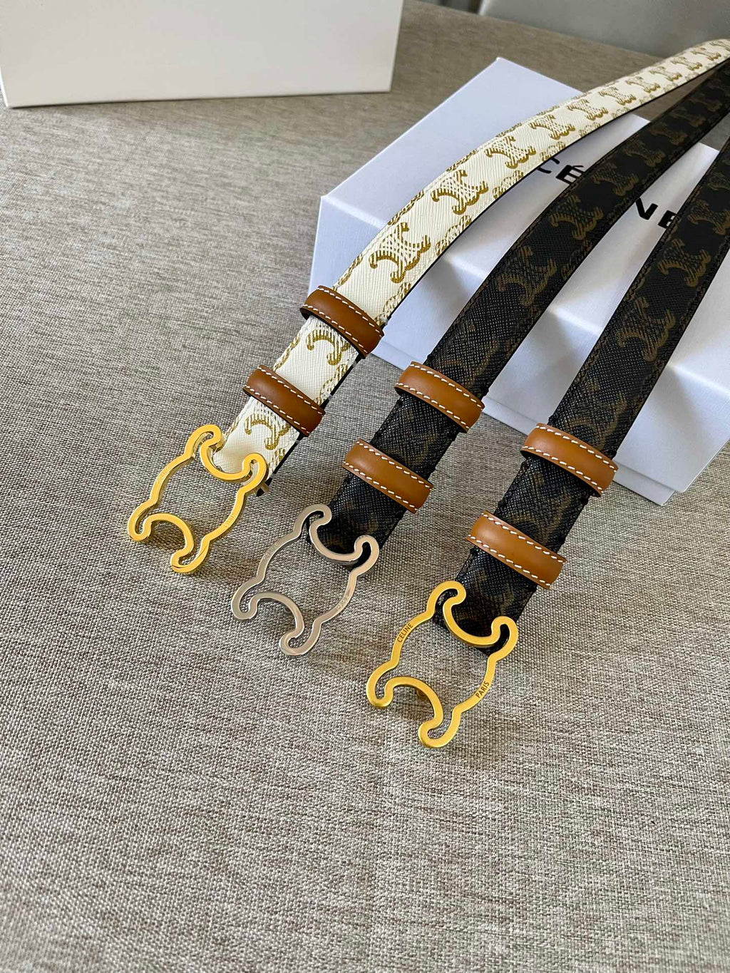 CELINE CL logo Cut-out Belt 25mm Black Tan Triomphe Canvas Shw