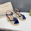 GUCCI 105 HIGH HEEL SANDAL NAVY STRAW