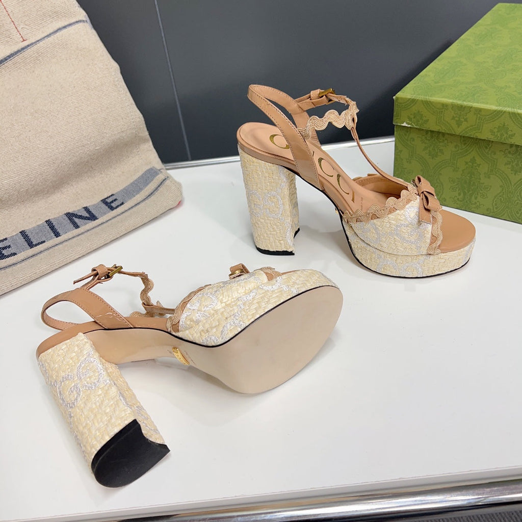 GUCCI 105 HIGH HEEL SANDAL LIGHT BROWN STRAW
