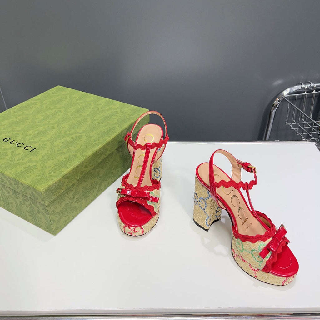 GUCCI 105 HIGH HEEL SANDAL CRIMSON STRAW