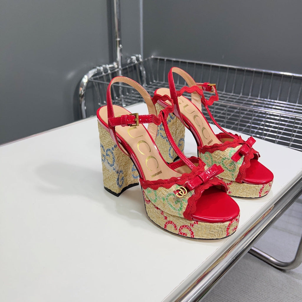 GUCCI 105 HIGH HEEL SANDAL CRIMSON STRAW