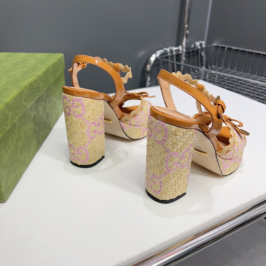 GUCCI 105 HIGH HEEL SANDAL AMBER STRAW