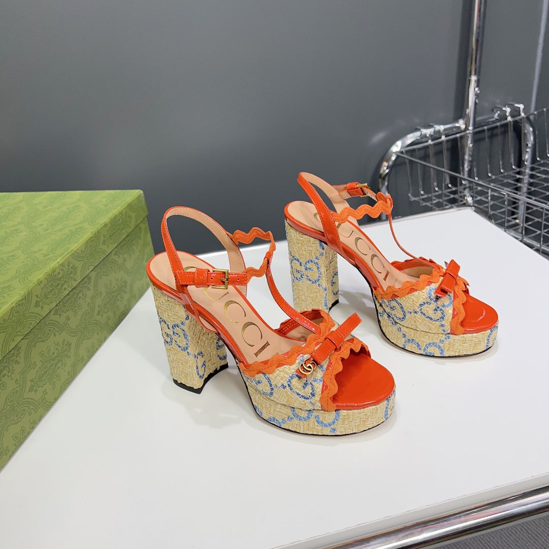 GUCCI 105 HIGH HEEL SANDAL ORANGE STRAW