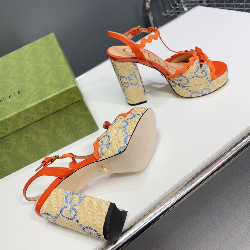 GUCCI 105 HIGH HEEL SANDAL ORANGE STRAW
