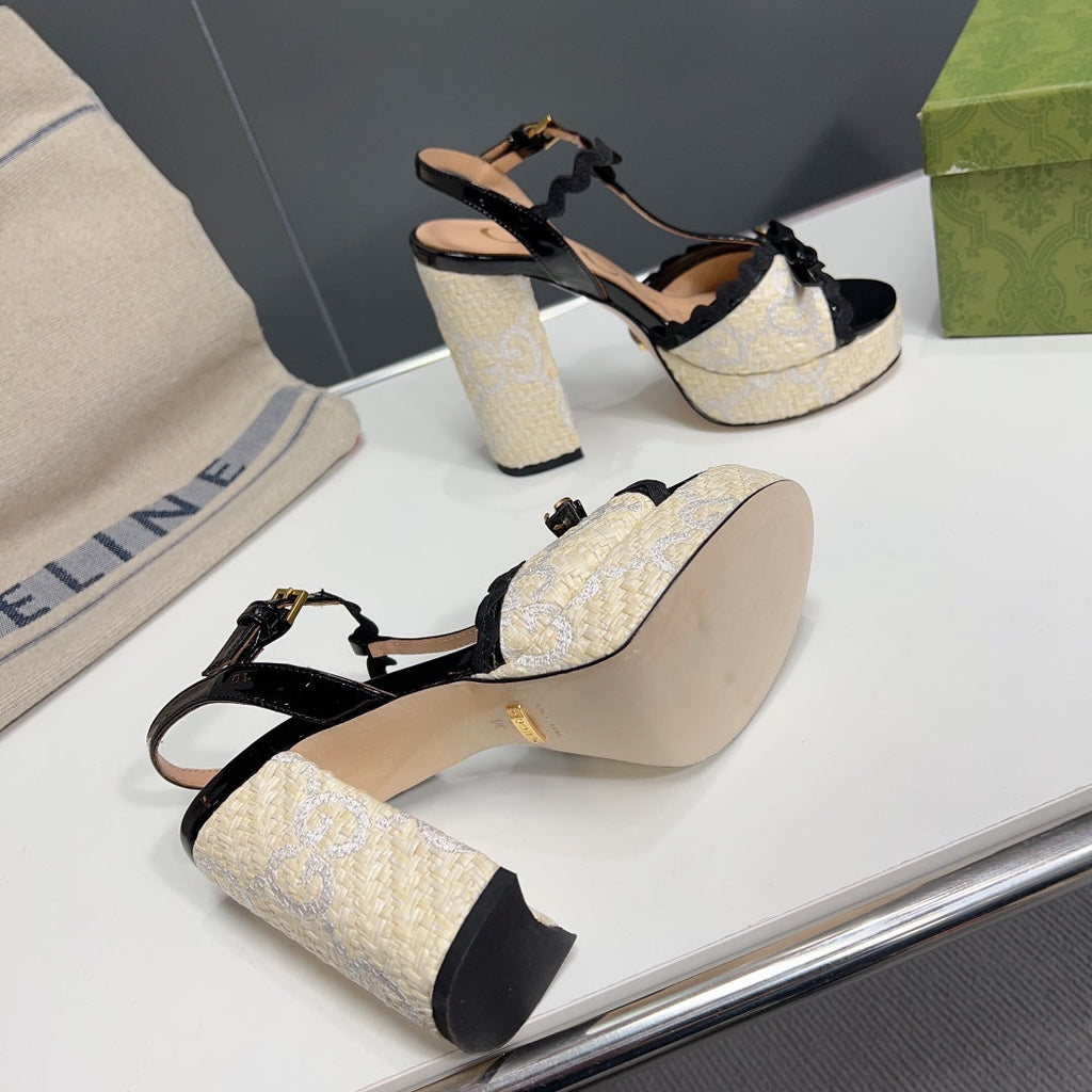 GUCCI 105 HIGH HEEL SANDAL CREAM STRAW