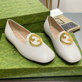 GUCCI BLONDIE LOGO-PLAQUE LOAFERS IN WHITE CALFSKIN WITH GOLD HARDWARE