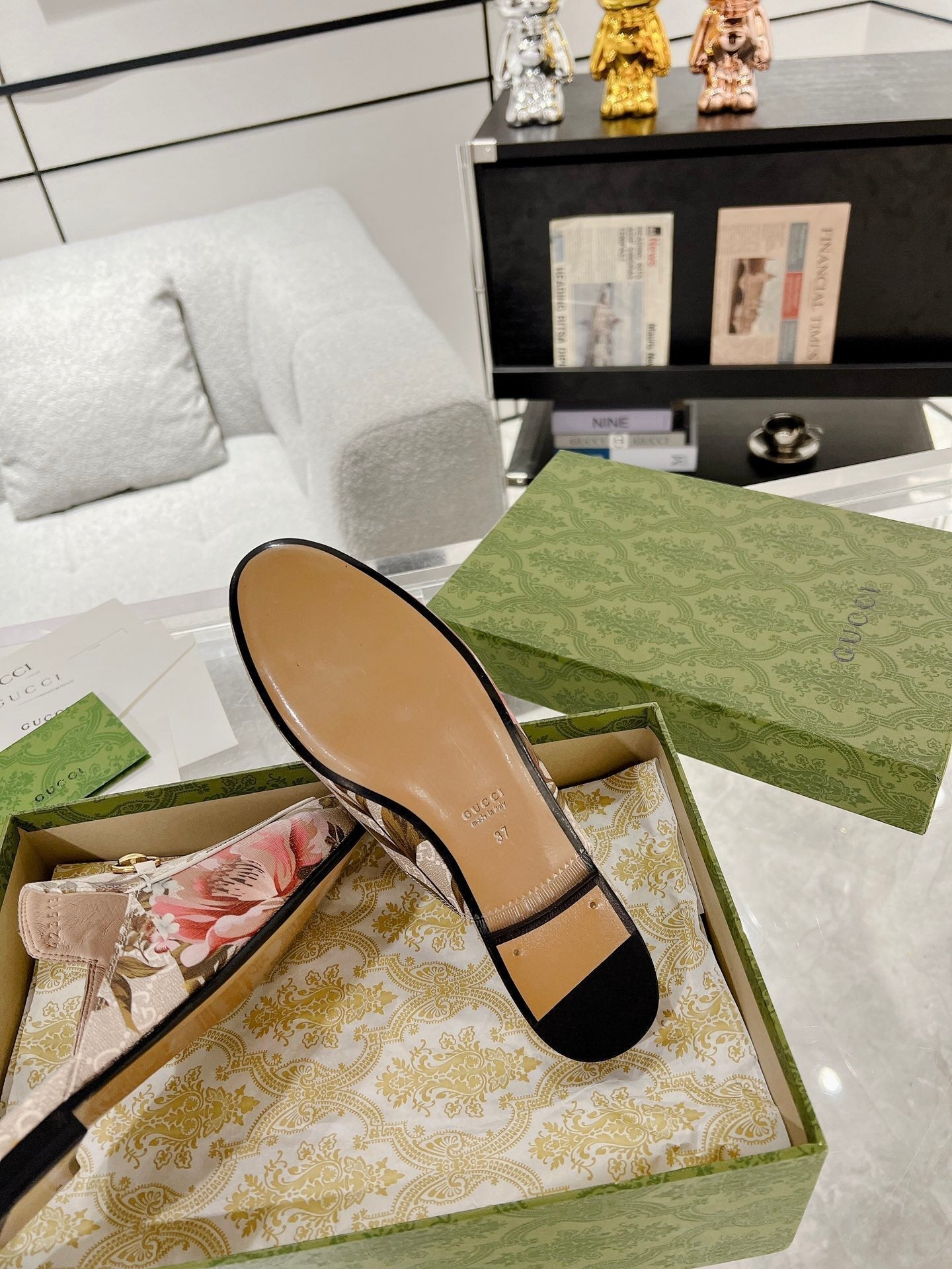 GUCCI HORSEBIT FLOWER SLIPPER MULE IN LINEN BEIGE MONOGRAM JACQUARD FABRIC