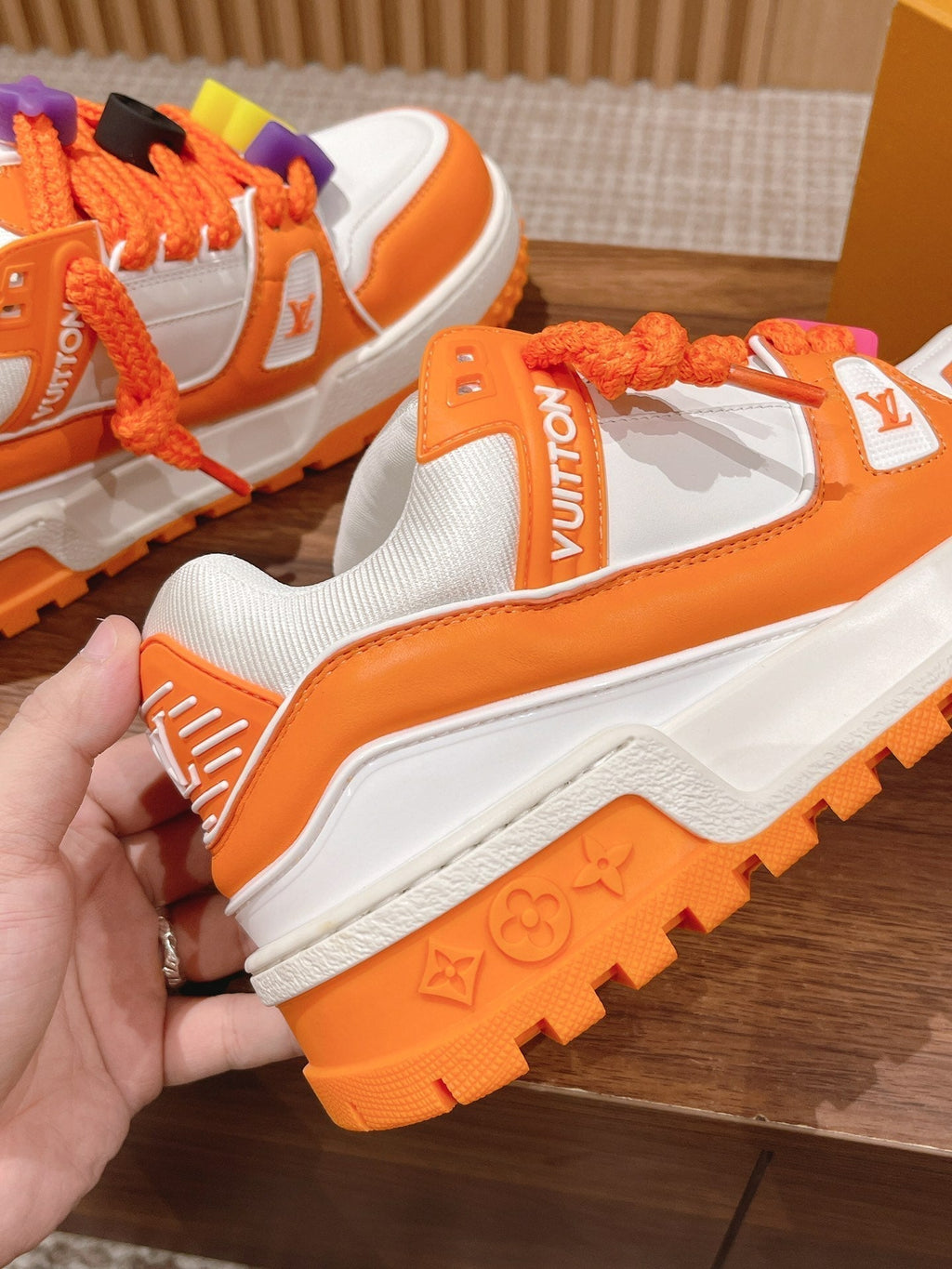 LOUIS VUITTON LV Trainer Maxi Sneaker White Mix Orange Calfskin