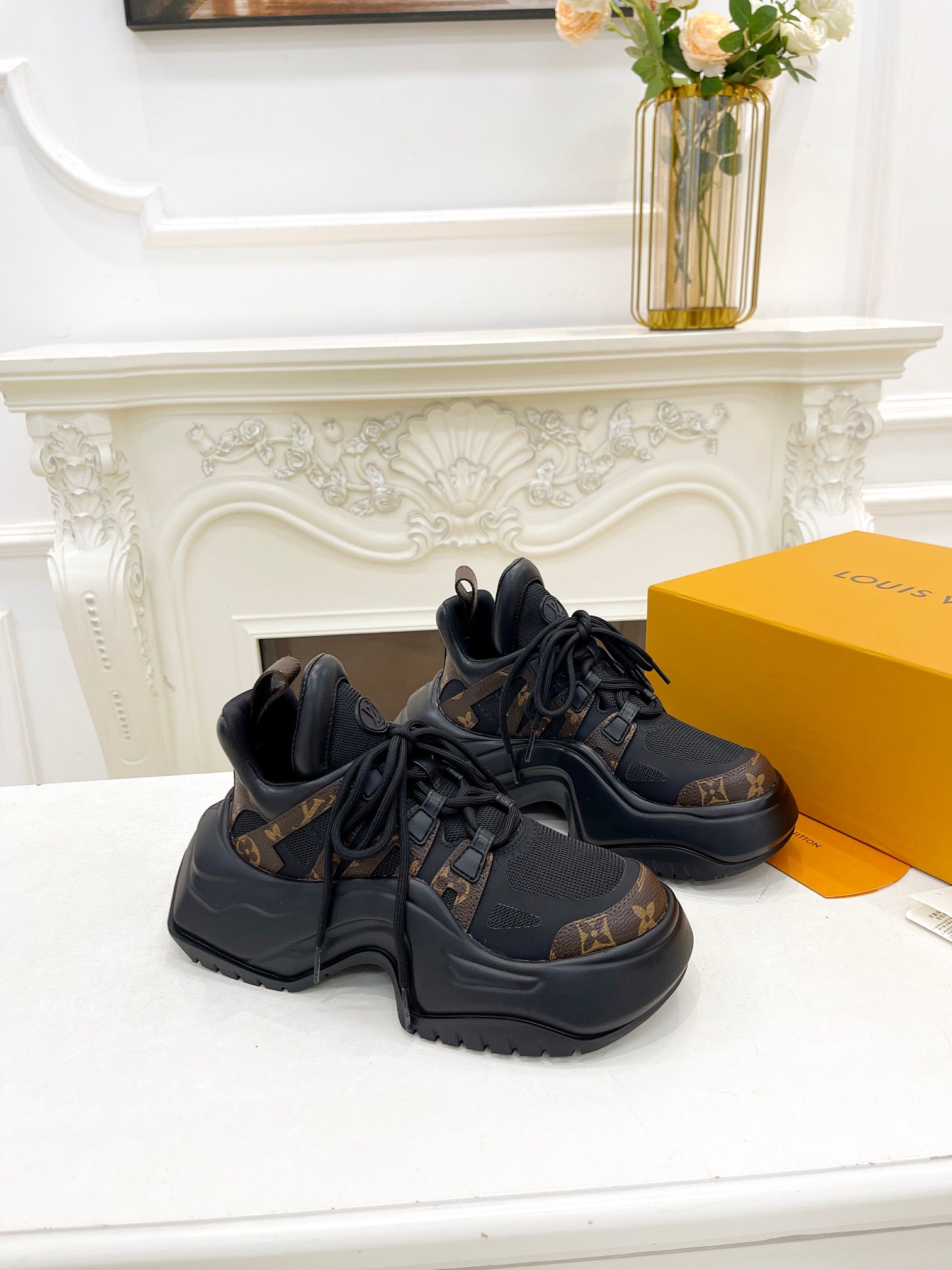 LOUIS VUITTON LV ARCHLIGHT 2.0 PLATFORM SNEAKER IN BLACK MIX CHOCOLATE BROWN MIX OF MATERIALS