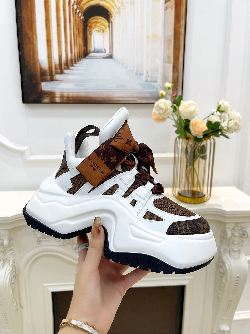 LOUIS VUITTON LV ARCHLIGHT 2.0 PLATFORM SNEAKER IN WHITE MIX CHOCOLATE BROWN MIX OF MATERIALS