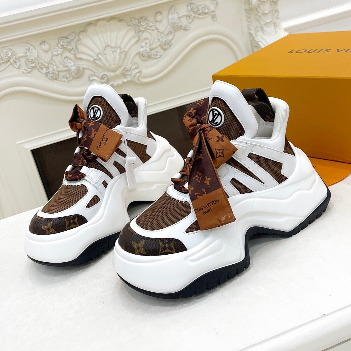 LOUIS VUITTON LV ARCHLIGHT 2.0 PLATFORM SNEAKER IN WHITE MIX CHOCOLATE BROWN MIX OF MATERIALS