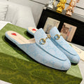 GUCCI MEN'S MULE WITH HORSEBIT IN LIGHT BLUE MONOGRAM JACQUARD FABRIC