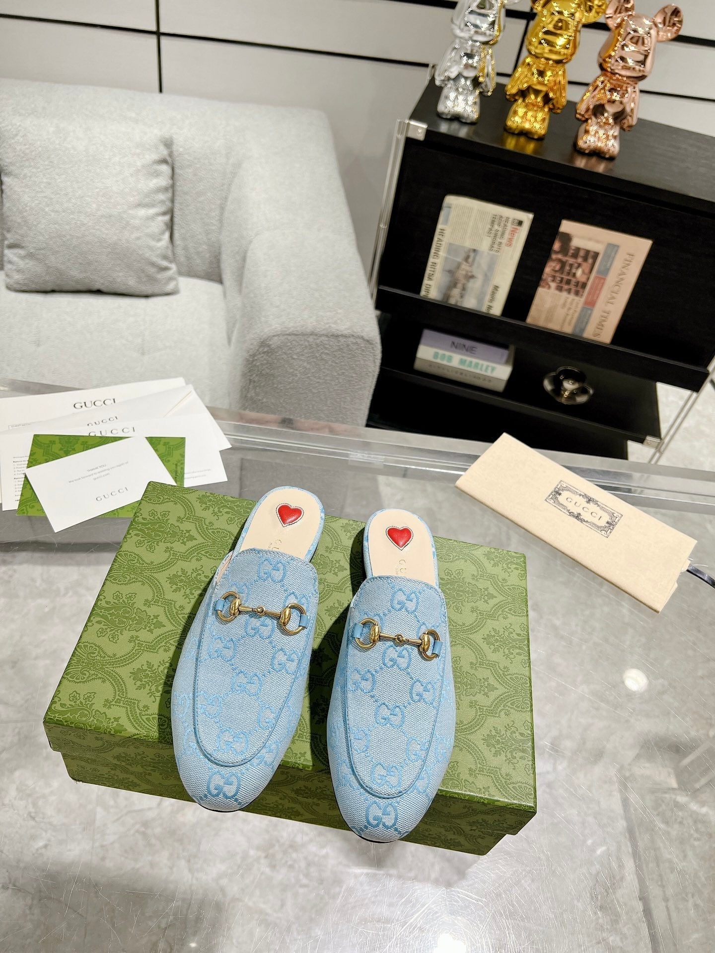GUCCI MEN'S MULE WITH HORSEBIT IN LIGHT BLUE MONOGRAM JACQUARD FABRIC