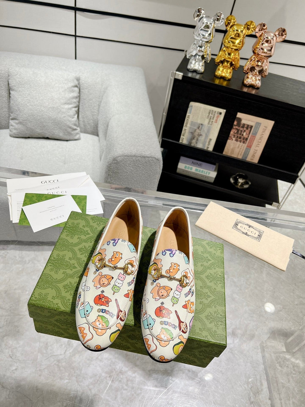 GUCCI HORSEBIT LOAFER WITH CUTE ANIMAL PRINT IN WHITE CALFSKIN