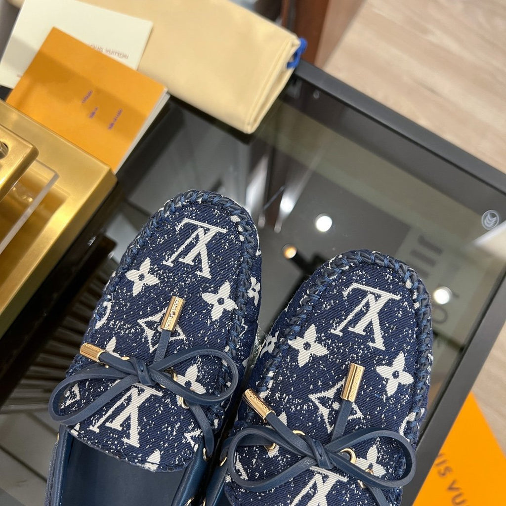 LOUIS VUITTON LV GLORIA FLAT LOAFER DENIM FLORAL FABRIC DARK BLUE