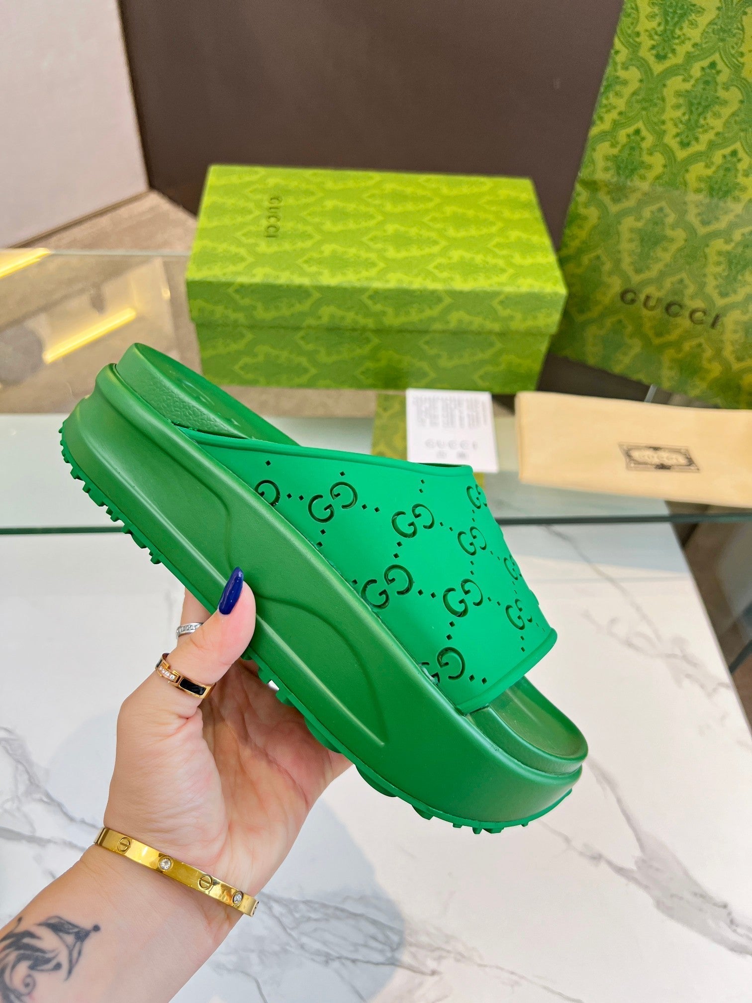 GUCCI PLATFORM SANDALS IN EMERALD GREEN MONOGRAM IMPORTED TPU