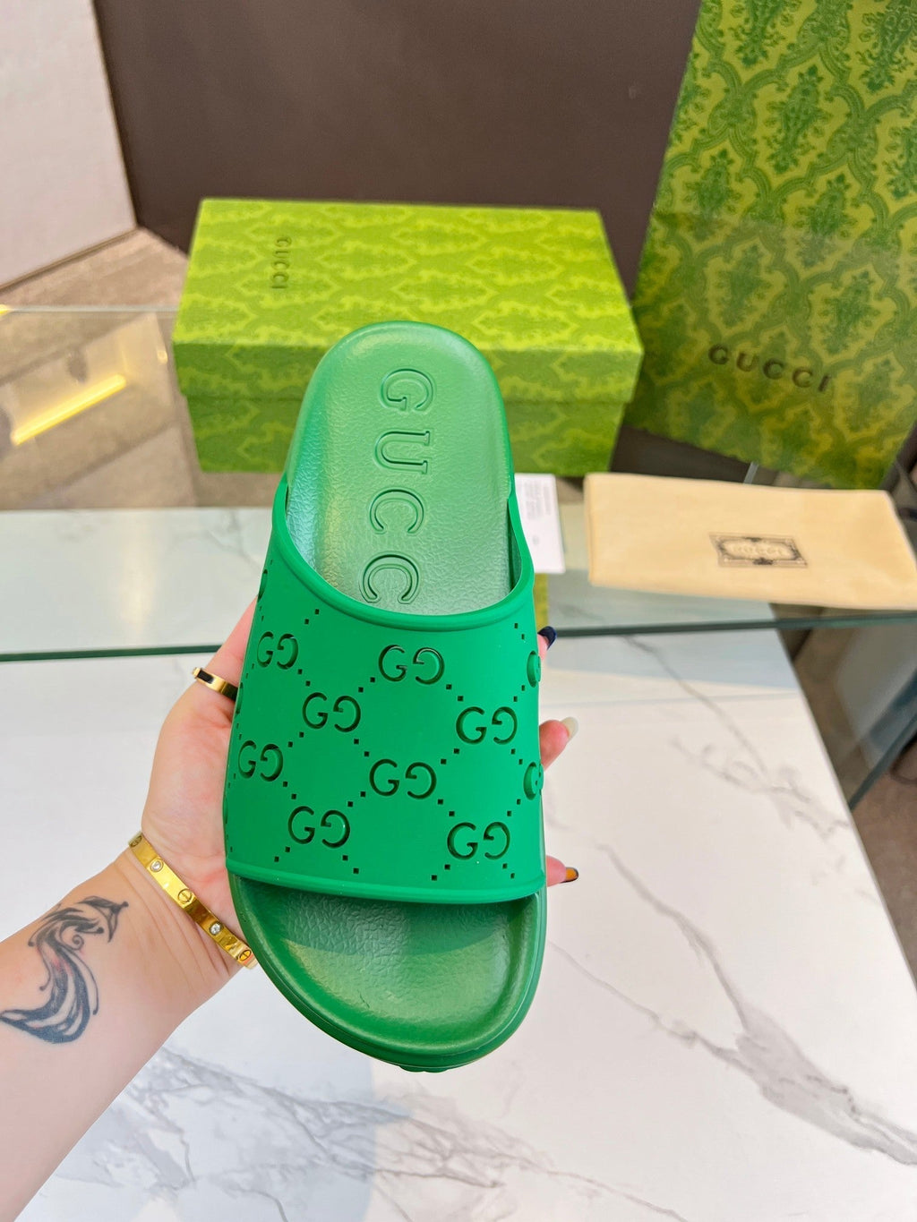 GUCCI PLATFORM SANDALS IN EMERALD GREEN MONOGRAM IMPORTED TPU