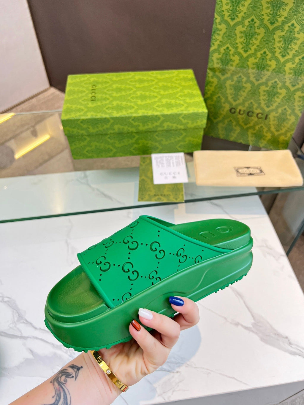 GUCCI PLATFORM SANDALS IN EMERALD GREEN MONOGRAM IMPORTED TPU