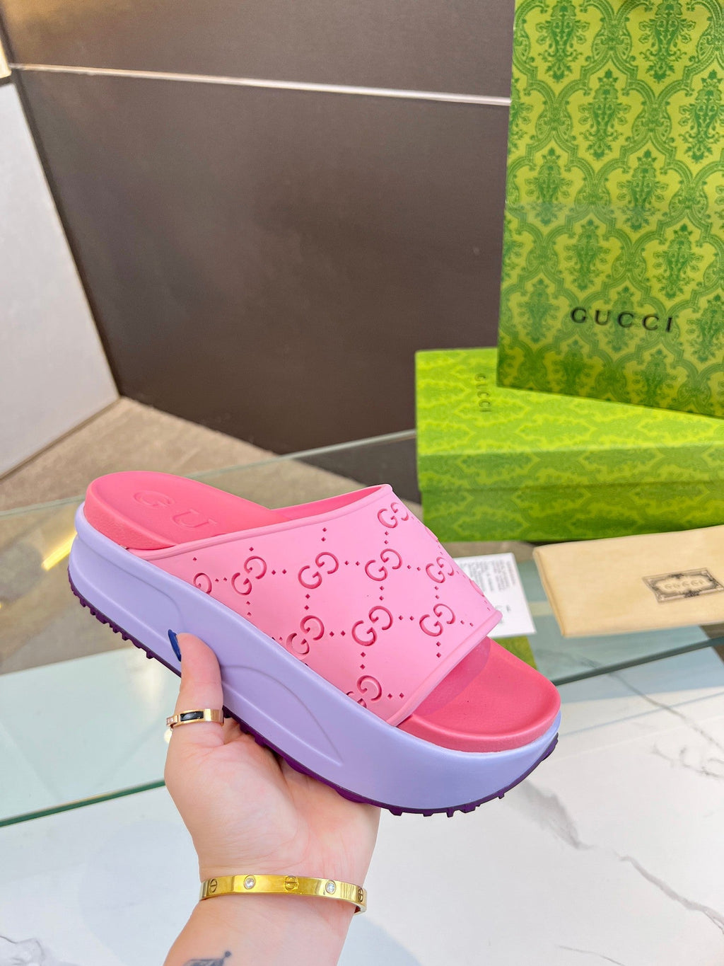 GUCCI PLATFORM SANDALS IN BABY PINK MONOGRAM IMPORTED TPU
