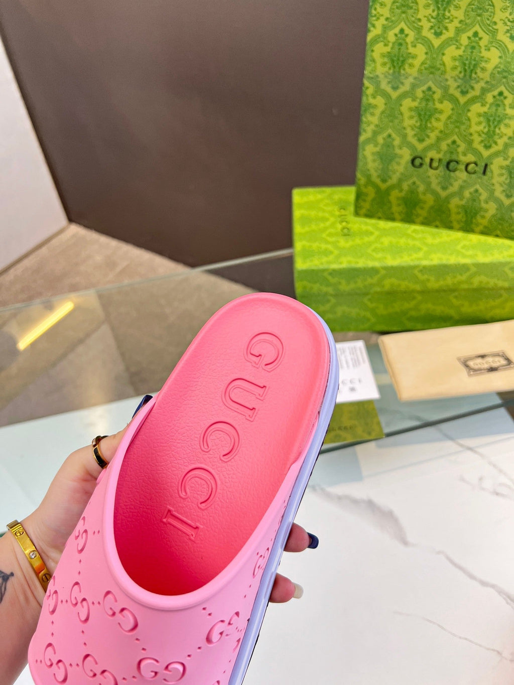 GUCCI PLATFORM SANDALS IN BABY PINK MONOGRAM IMPORTED TPU