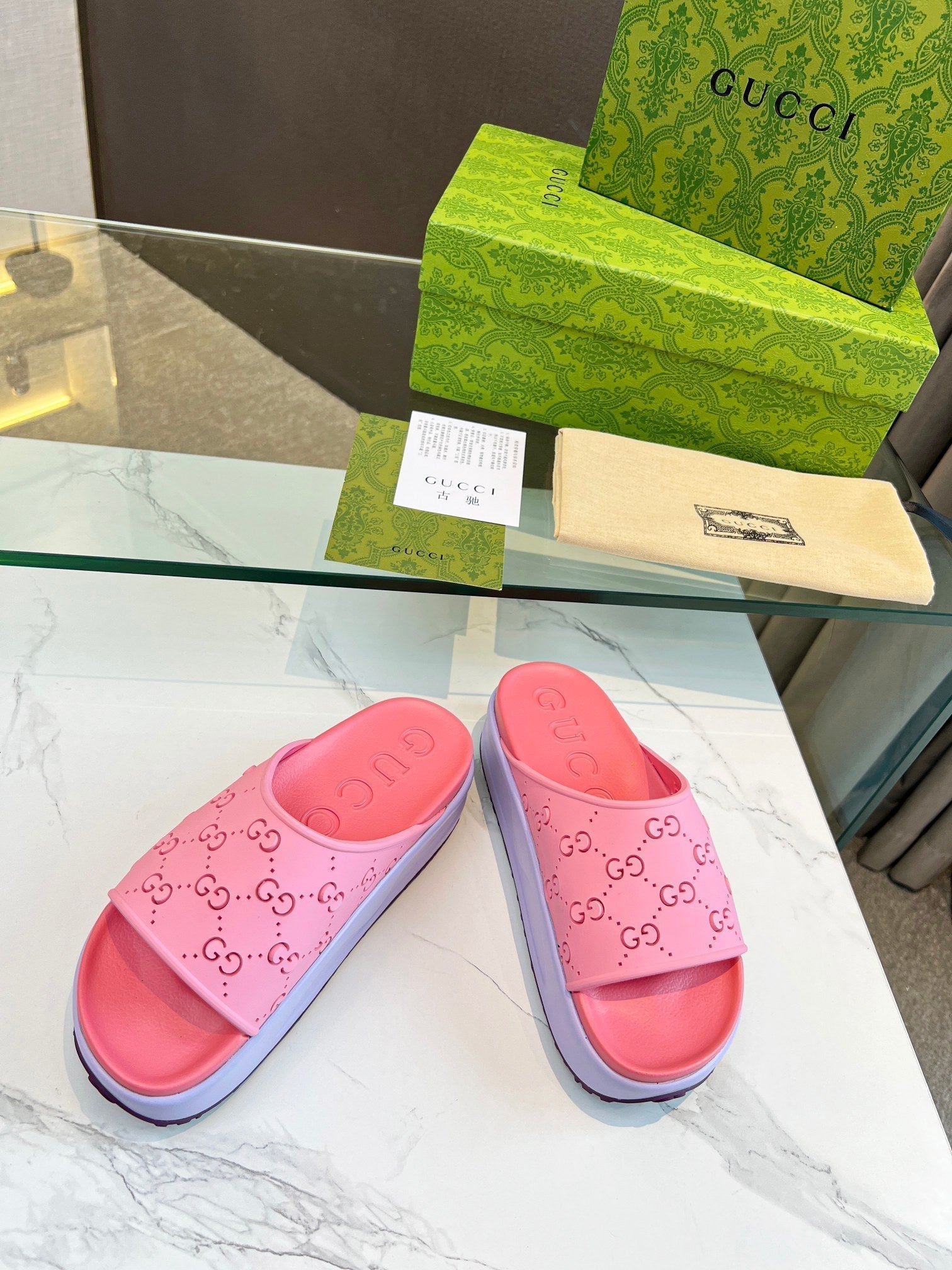 GUCCI PLATFORM SANDALS IN BABY PINK MONOGRAM IMPORTED TPU