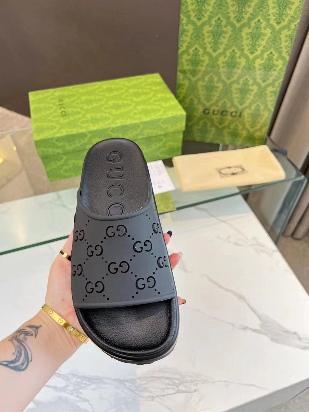 GUCCI PLATFORM SANDALS IN BLACK MONOGRAM IMPORTED TPU