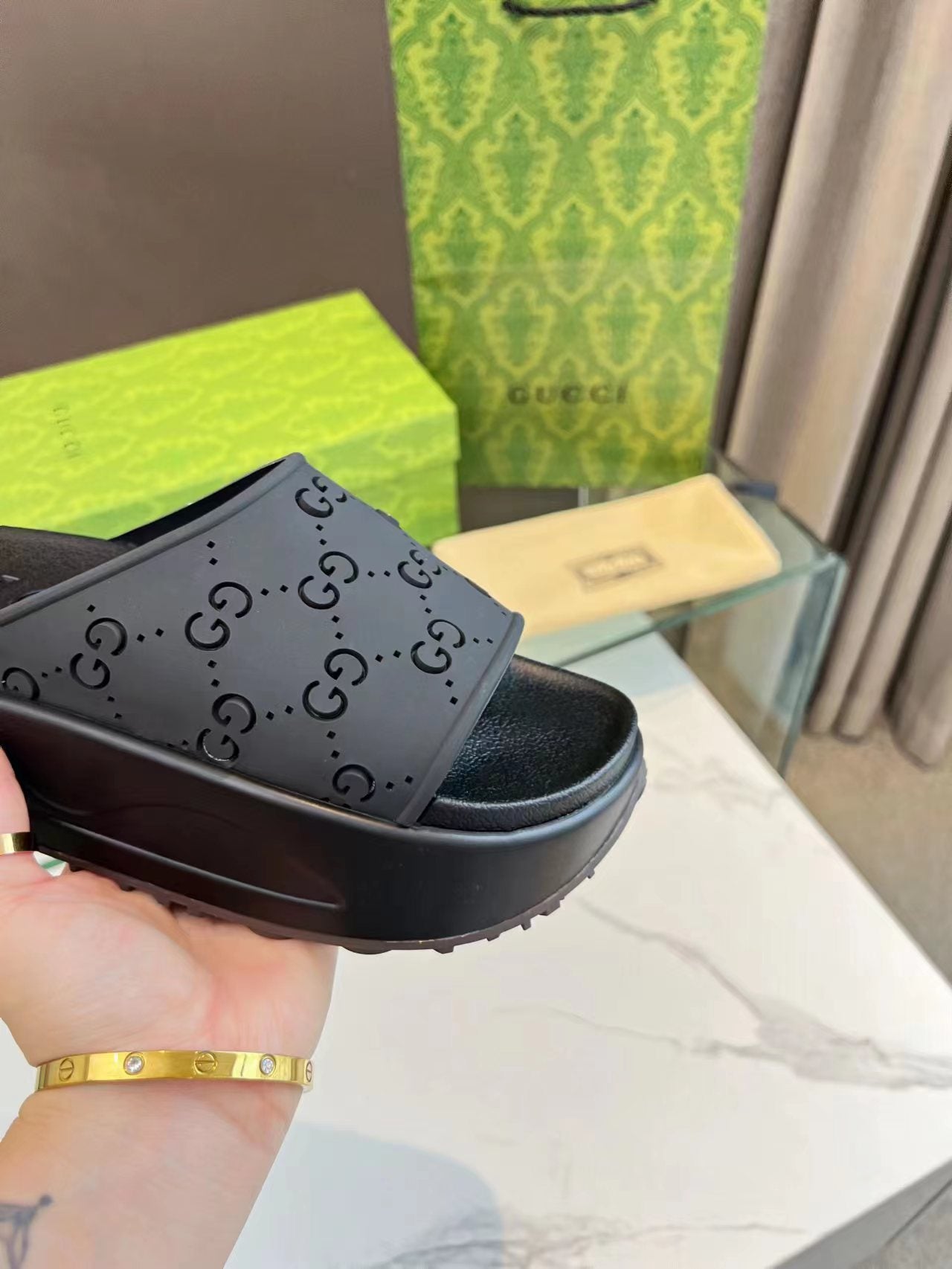GUCCI PLATFORM SANDALS IN BLACK MONOGRAM IMPORTED TPU