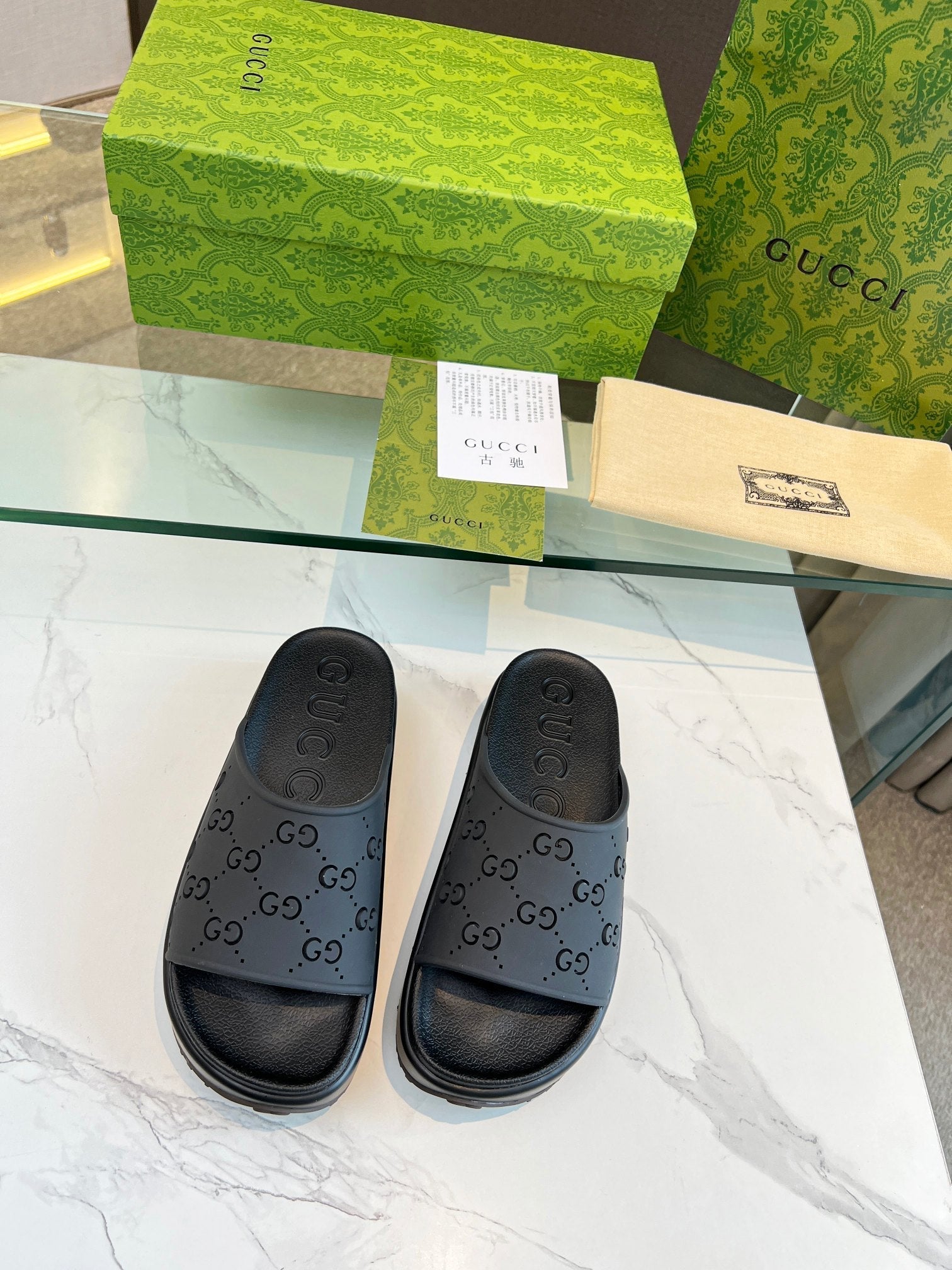 GUCCI PLATFORM SANDALS IN BLACK MONOGRAM IMPORTED TPU