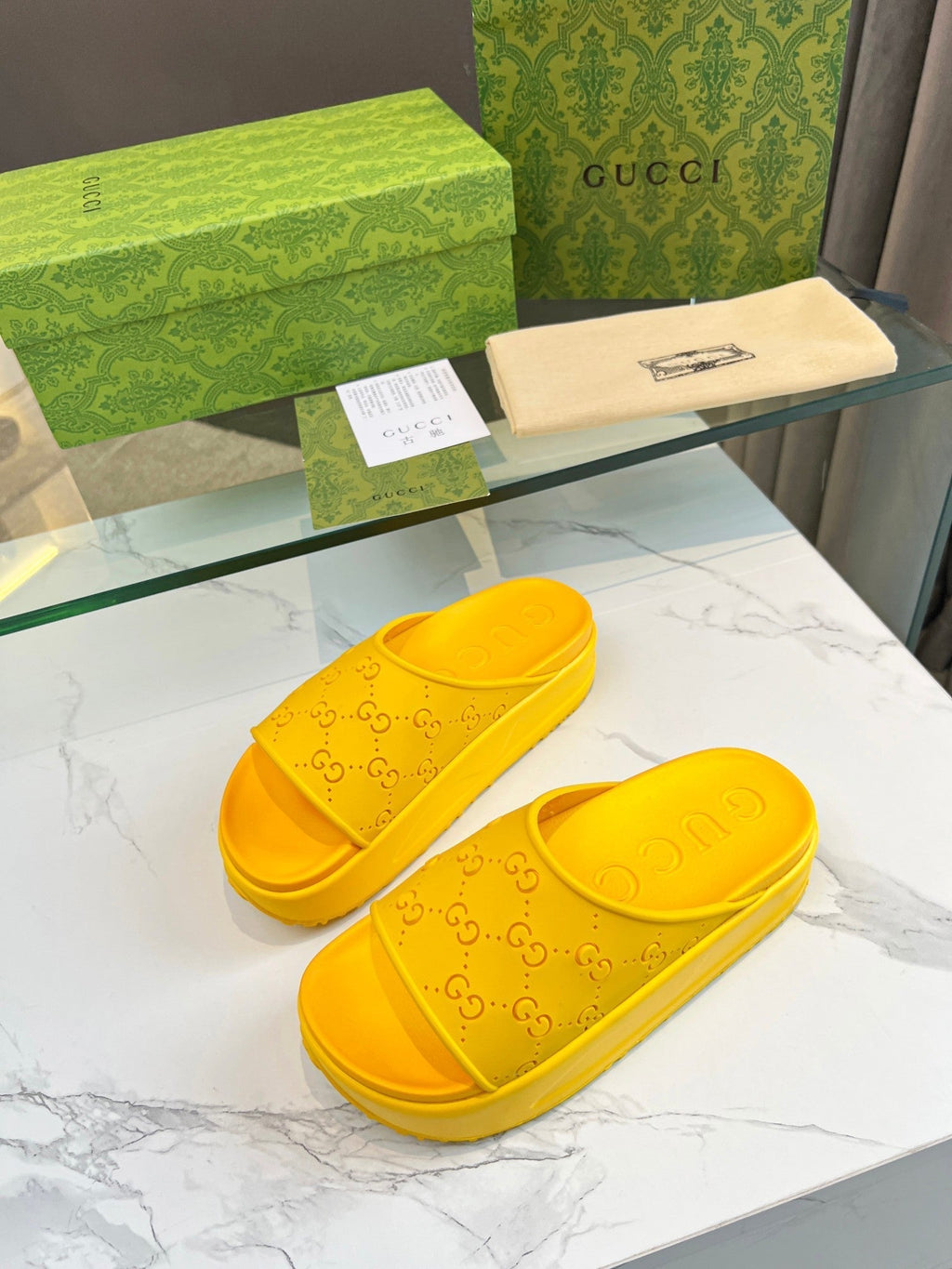 GUCCI PLATFORM SANDALS IN BRIGHT YELLOW MONOGRAM IMPORTED TPU