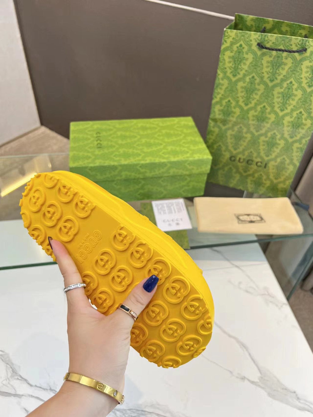 GUCCI PLATFORM SANDALS IN BRIGHT YELLOW MONOGRAM IMPORTED TPU