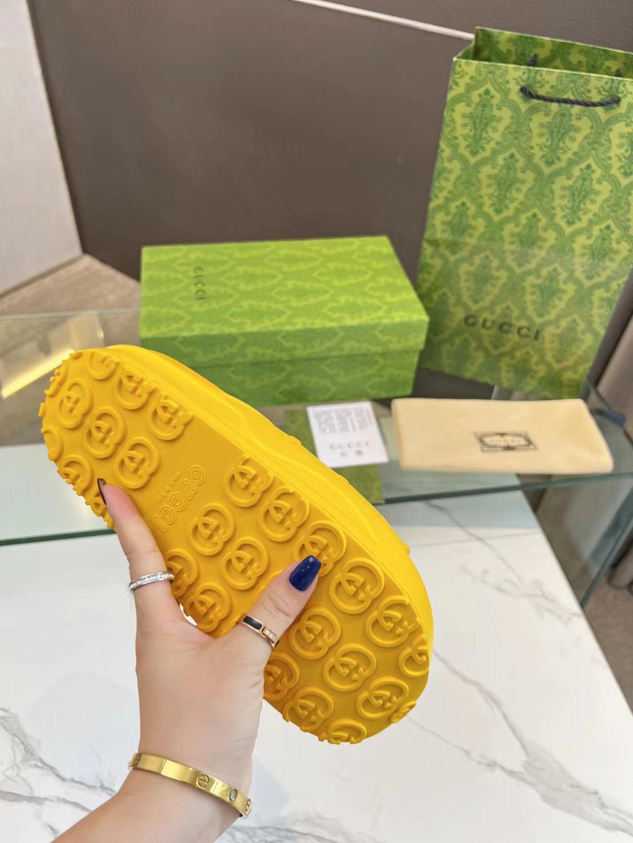 GUCCI PLATFORM SANDALS IN BRIGHT YELLOW MONOGRAM IMPORTED TPU