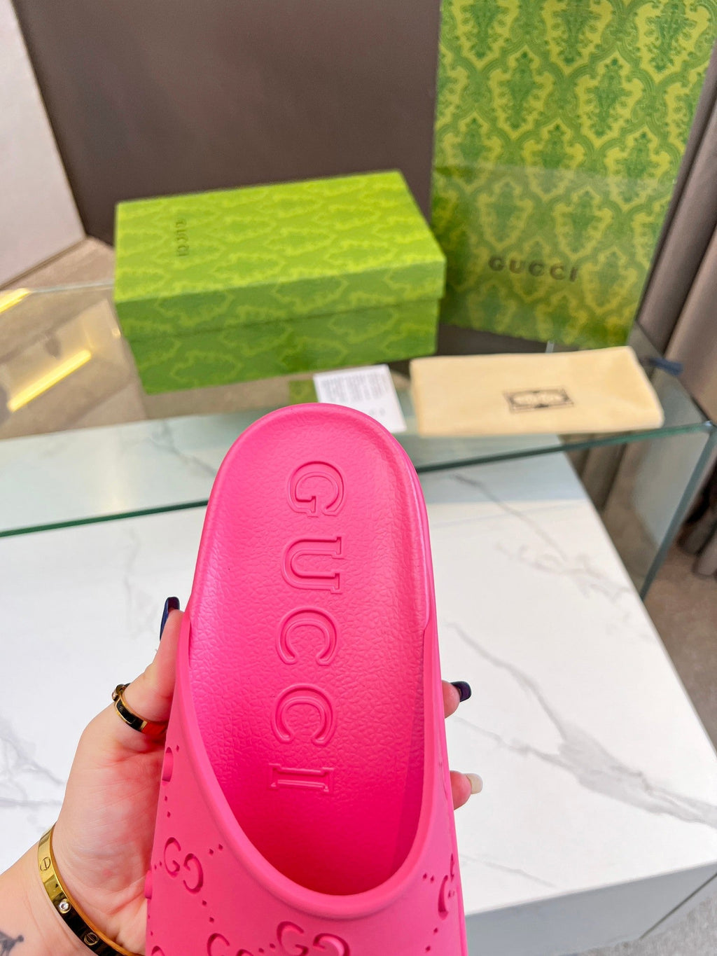 GUCCI PLATFORM SANDALS IN BRIGHT PINK MONOGRAM IMPORTED TPU