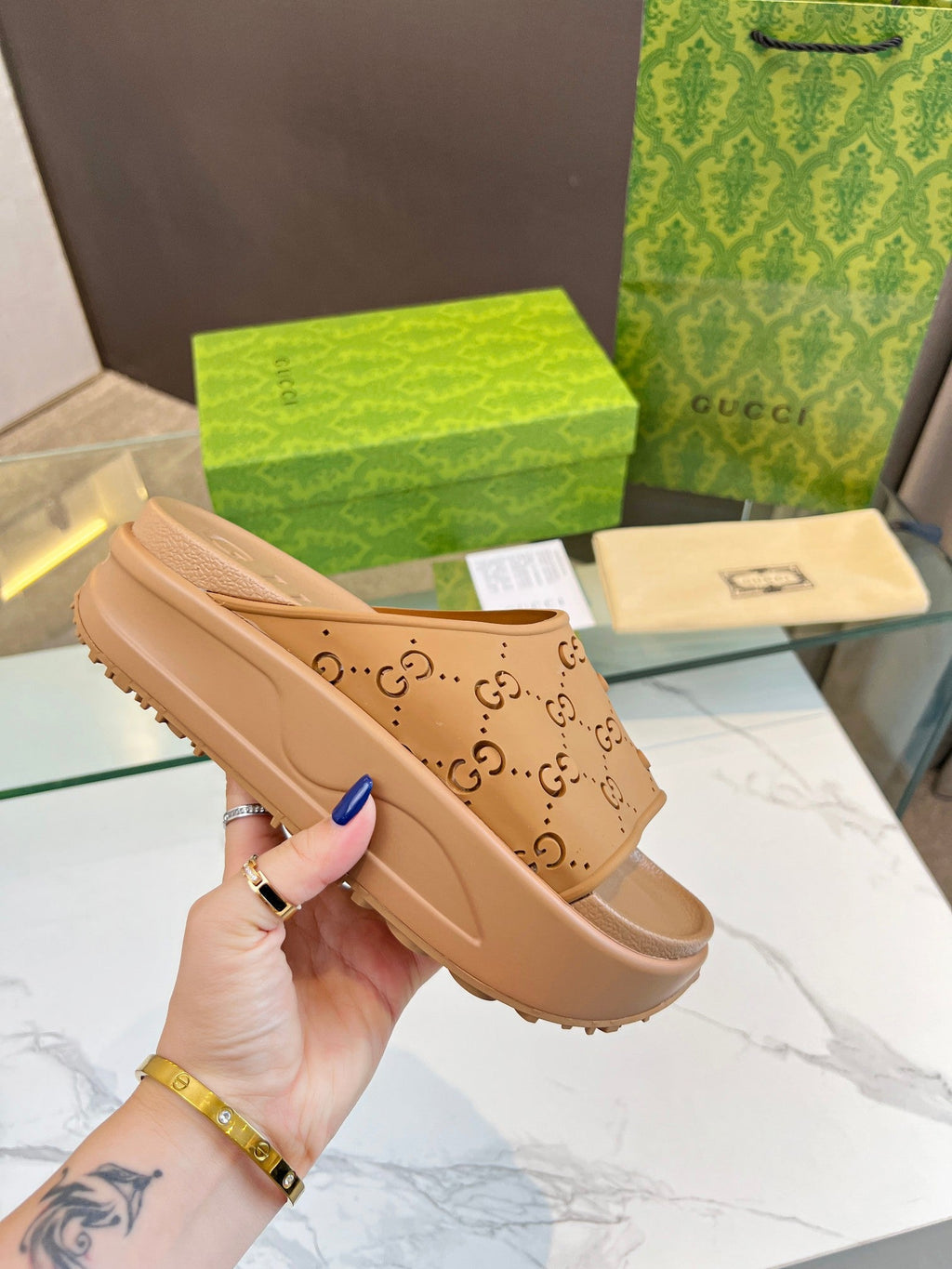 GUCCI PLATFORM SANDALS IN CINNAMON BROWN MONOGRAM IMPORTED TPU
