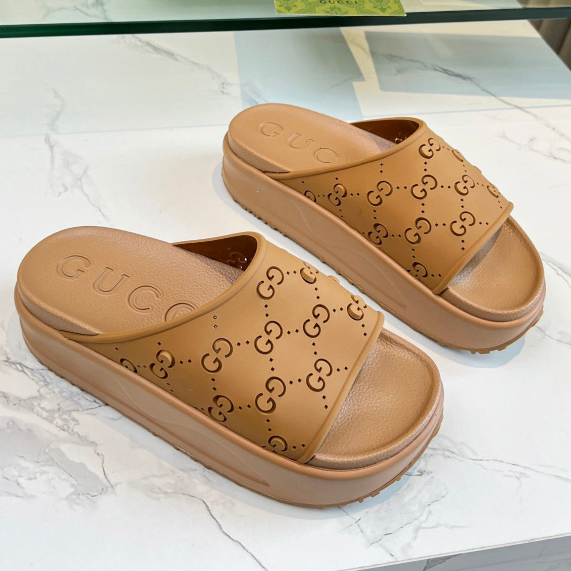 GUCCI PLATFORM SANDALS IN CINNAMON BROWN MONOGRAM IMPORTED TPU