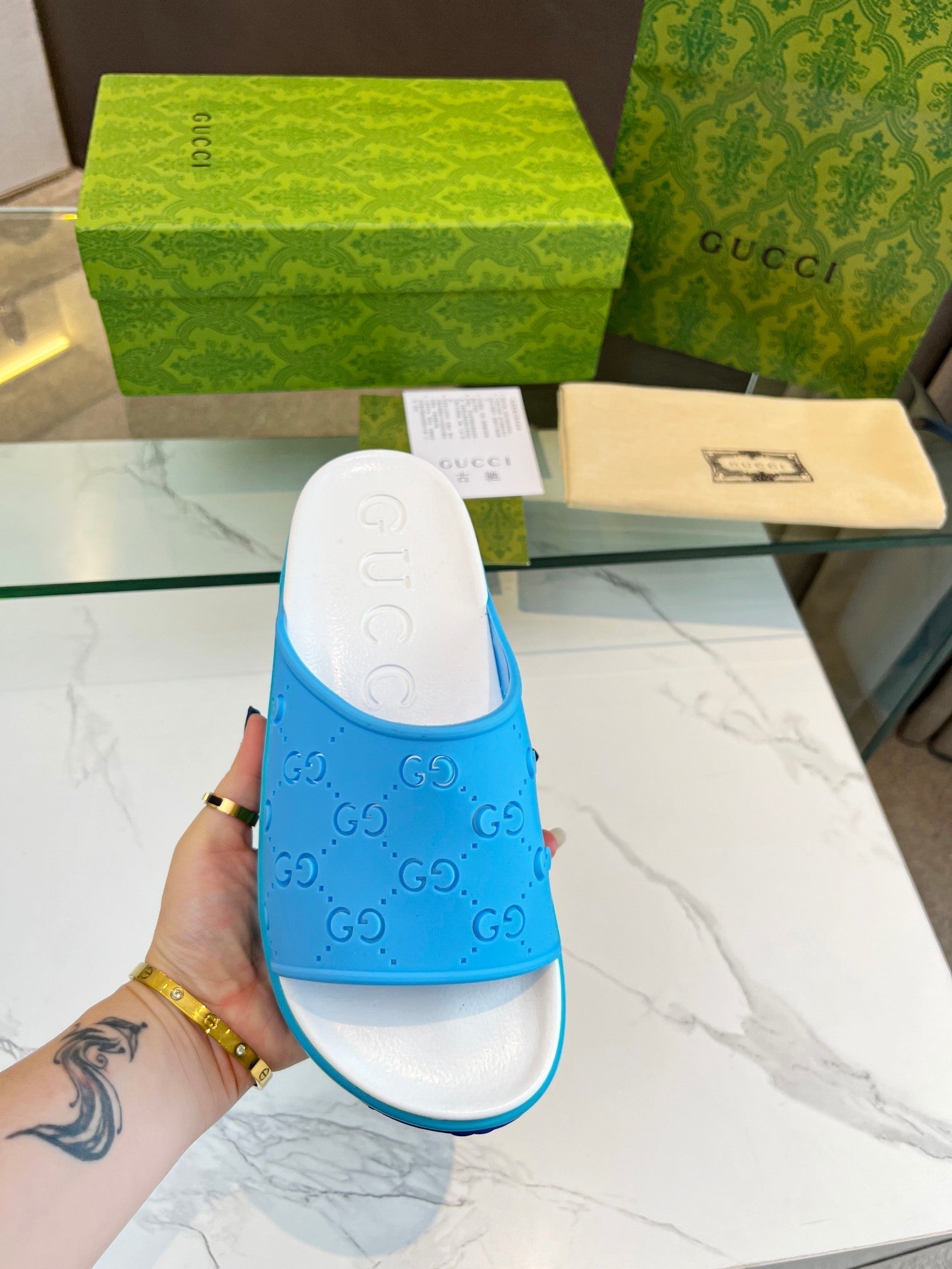 GUCCI PLATFORM SANDALS IN SKY BLUE MONOGRAM IMPORTED TPU