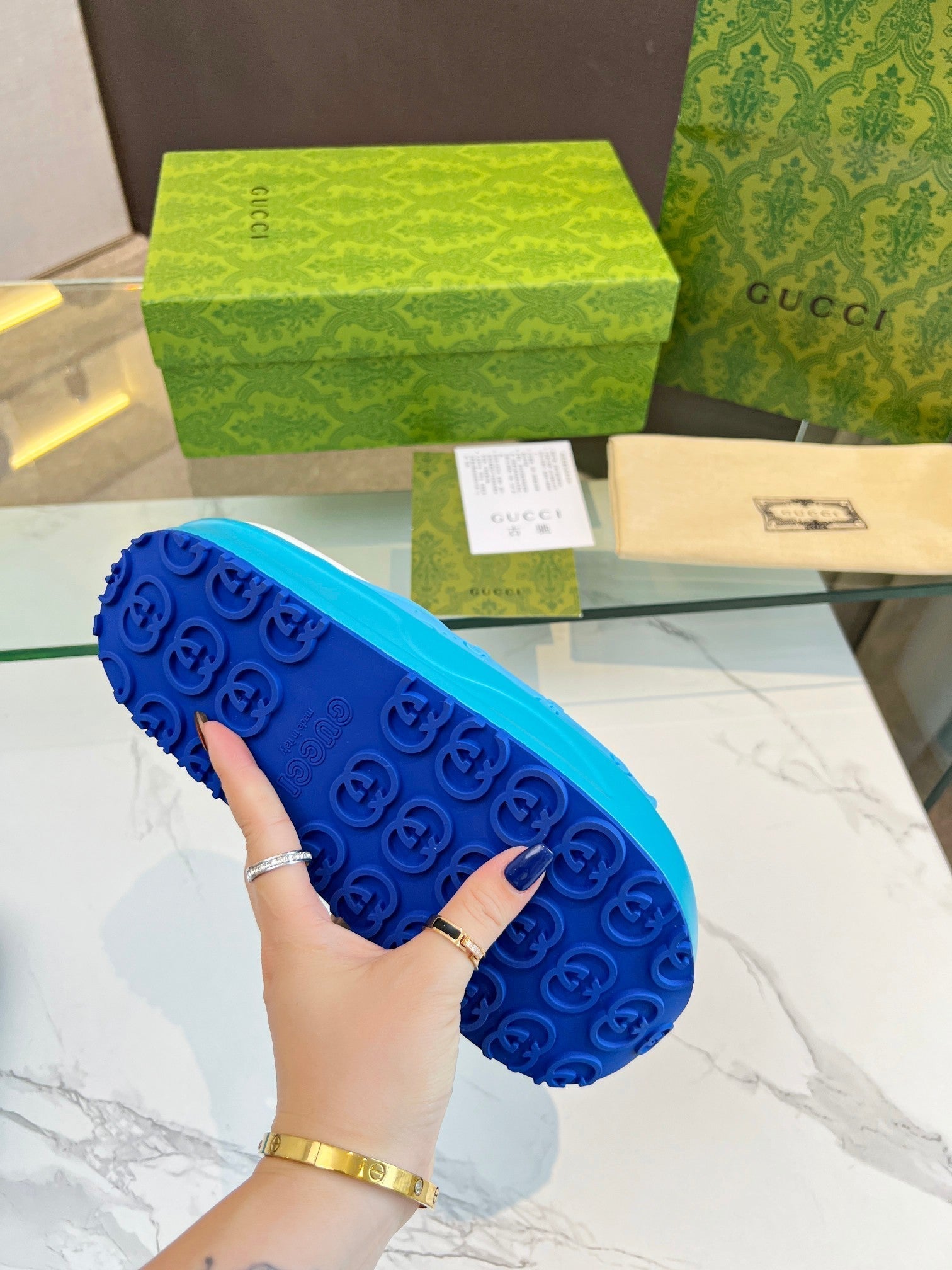 GUCCI PLATFORM SANDALS IN SKY BLUE MONOGRAM IMPORTED TPU